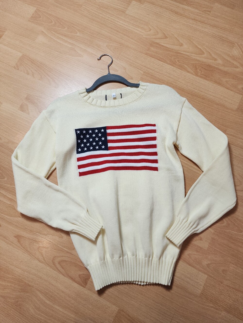 American Flag Cream Knit Sweater Embroidered Stars Size Medium